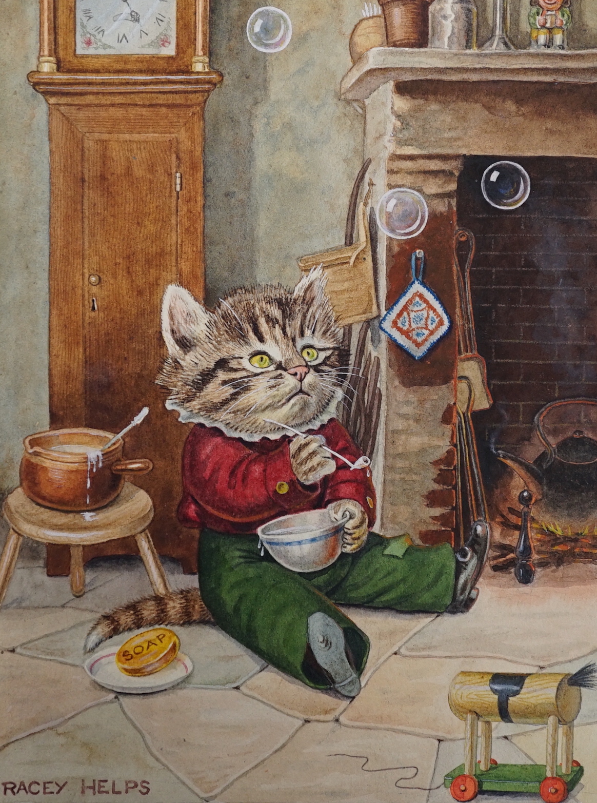 Angus Clifford Racey Helps (1913–1970), watercolour postcard design, Cat 'Bubbles', signed, 19 x 14cm, unframed